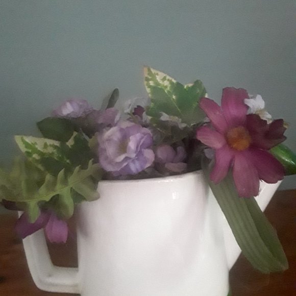 Vintage Ceramic Watering Can Planter with Raised Floral Motif and Silk Flowers - Picture 3 of 6